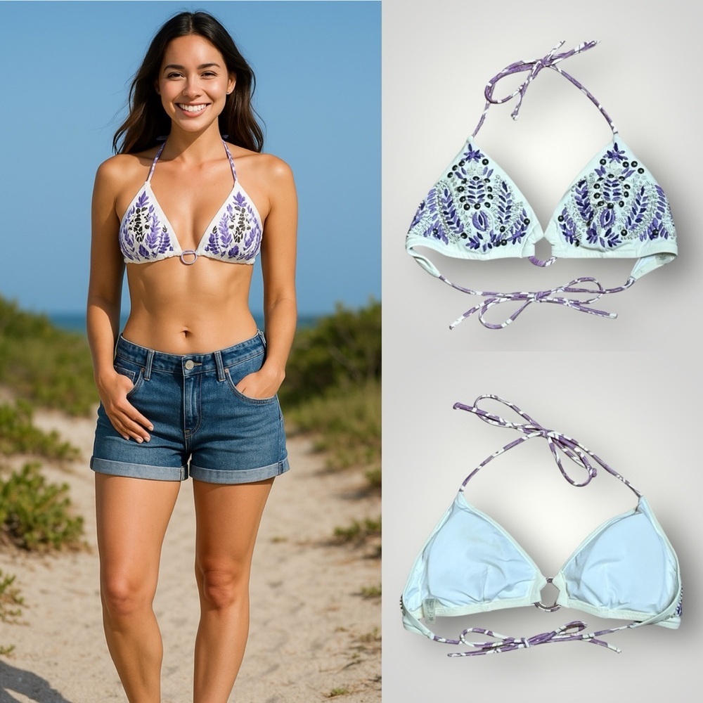 𝅺Victorias Secret Triangle String Bikini Top Small Beaded Embroidered Padded